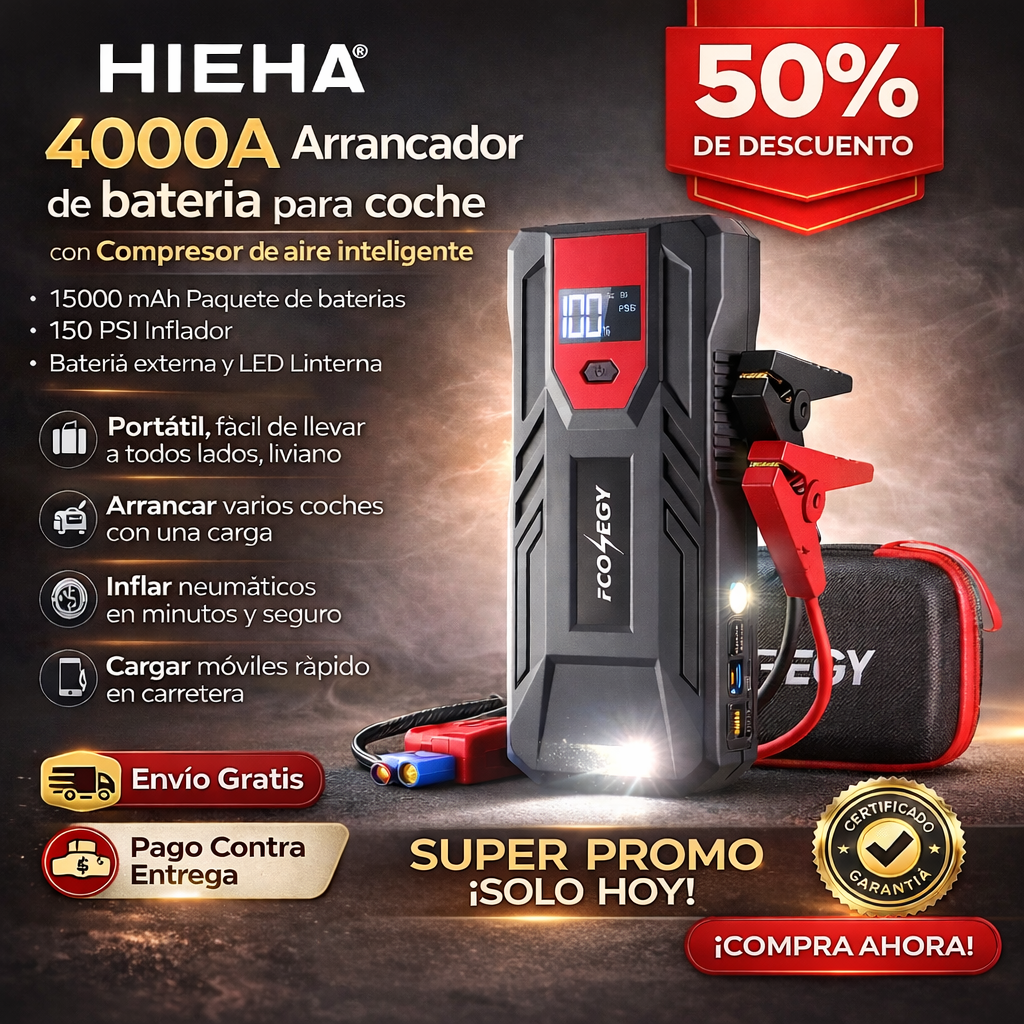 HIEHA® 4000A Arrancador de batería para coche con Compresor de aire inteligente – 15000 mAh Paquete de baterías, 150 PSI Inflador, Batería externa y LED Linterna